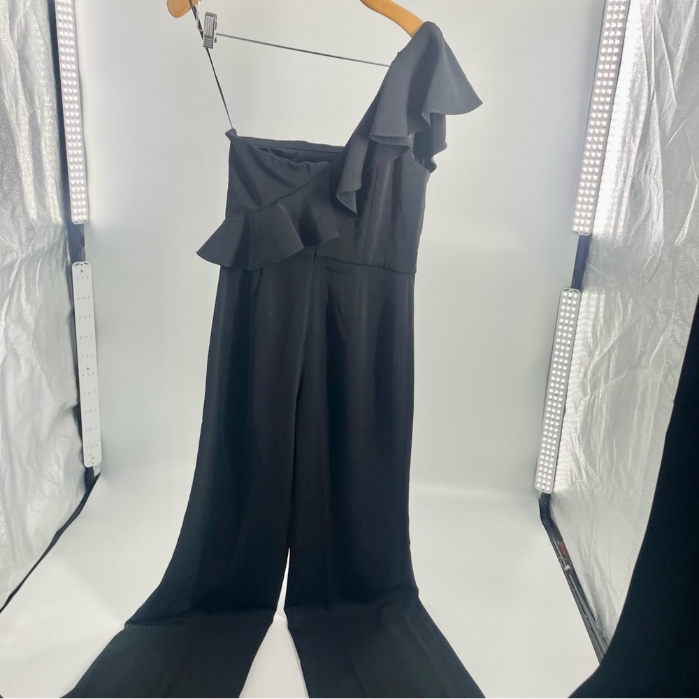 JAYGODFREY Hamilton One Shoulder Ruffle Black Wide Leg Classic‎ Jumpsuit Size 4 - Picture 9 of 16